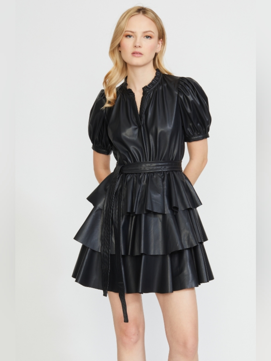 Nwt Stellah Faux Leather Ruffle Dress In Black Size M